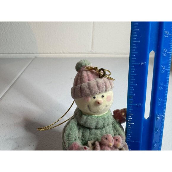 Velvet Flocked Snowman Ornament With Pink & Green Hat Holding Birds Nest - Picture 5 of 7